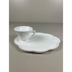 Westmoreland Milk Glass Grape Pattern Snack Set Plate and Cup White Vintage